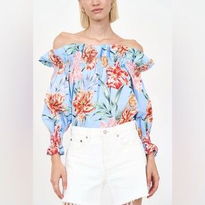 Christy Lynn Regina Top- Blue Garden Size XS Floral Off-Shoulder Blouse Cotton